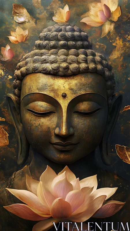 Golden Buddha head with lotus flowers floats in darkness