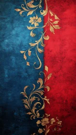 Gold floral filigree divides textured red and blue halves.