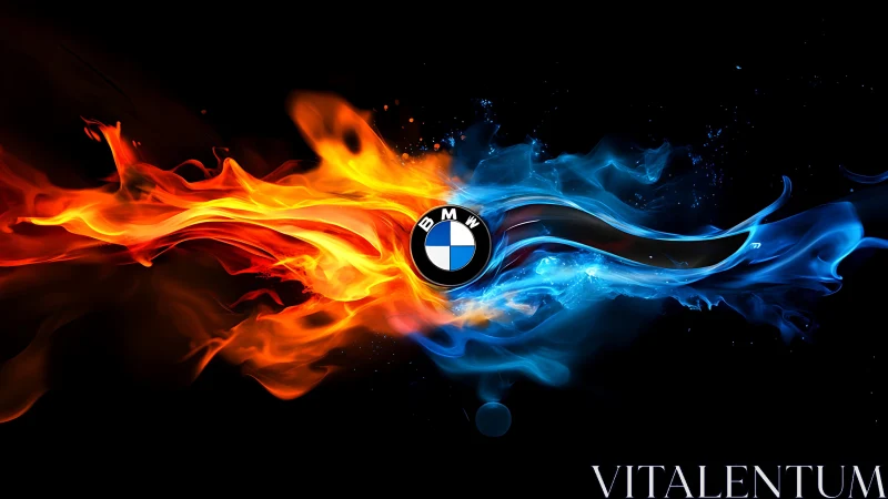 BMW logo positioned between red and blue flame elements on black background.