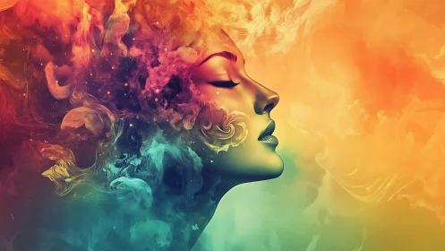 Dream-soft portrait drifting through swirling color clouds.