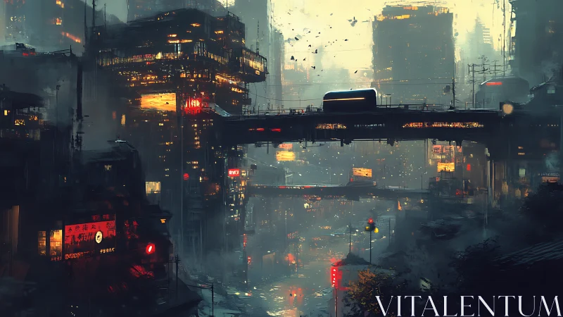 Elevated metro slicing through dense neon cyberpunk megacity