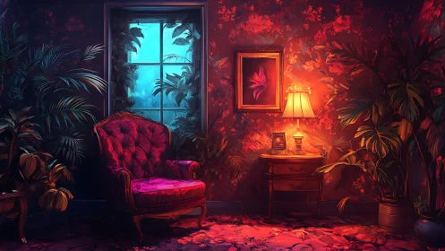 Velvet armchair glows under warm lamp in lush scarlet room.