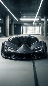 Futuristic low-angle view shows angular black supercar parked