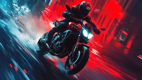 Motorcyclist rides through neon-lit wet city street at night