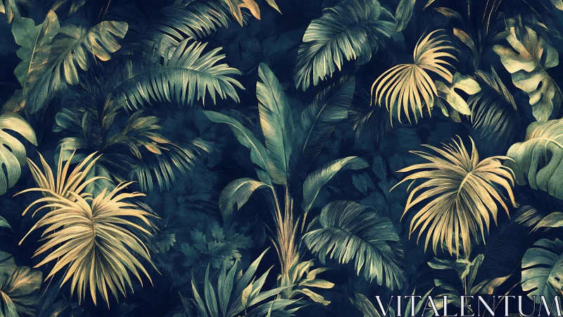Moody tropical foliage pattern with layered palm leaves.