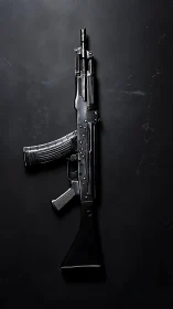 Stark metallic rifle stands sentinel against textured darkness
