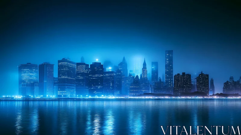 Neon blue city skyline at night reflected on calm water.
