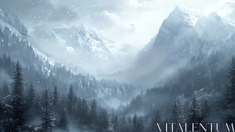 Atmospheric alpine valley rendered in high contrast winter haze