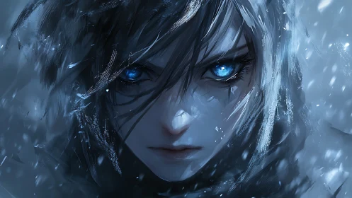 Intense blue-eyed character stares forward through swirling snow