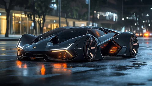 Midnight supercar prowling neon city streets in style.