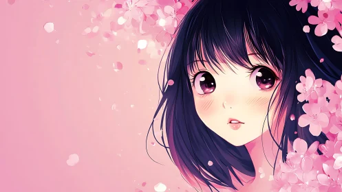 Soft spring gaze among drifting pink cherry blossoms.