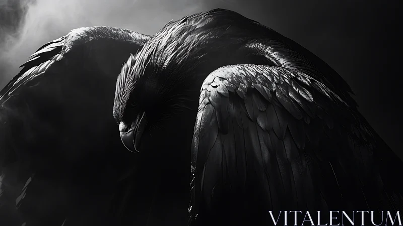Dark eagle portrait captures powerful wings in moody light