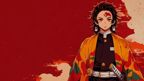 Anime character stands before flat red abstract background