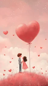 Illustration depicting two figures with heart-shaped balloon.