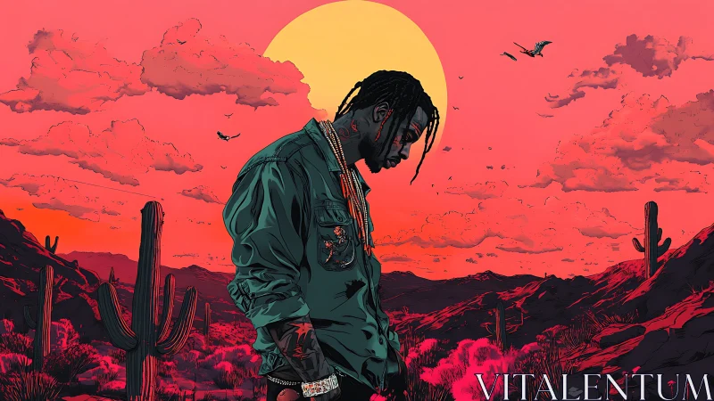 Figure in stylized desert landscape under large setting sun.