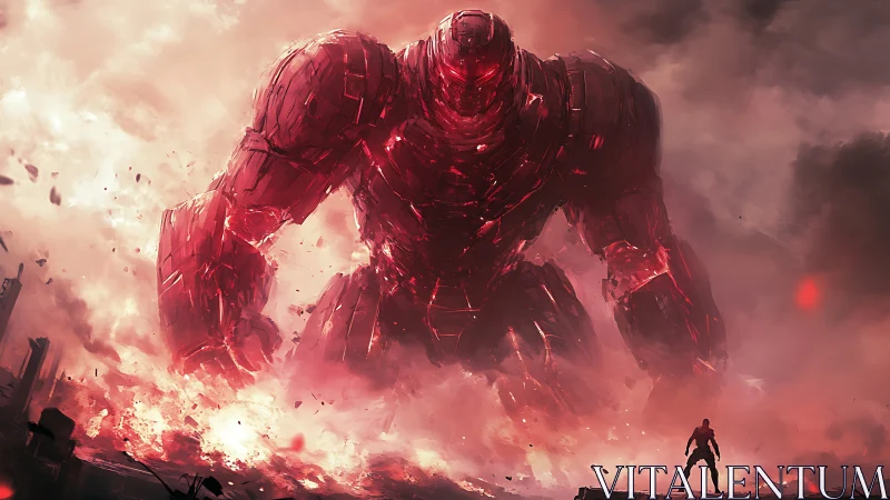 Colossal red mech emerges from apocalyptic battlefield haze