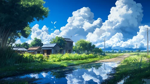 Summer countryside lane with reflective puddle and clouds.