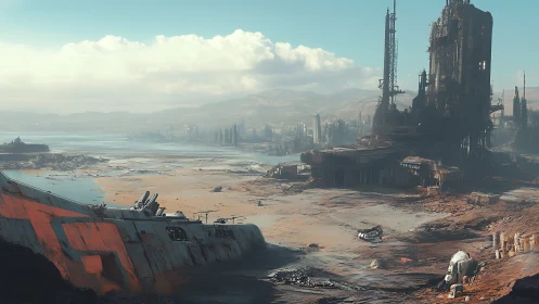 Derelict starship rests beside towering coastal ruins.