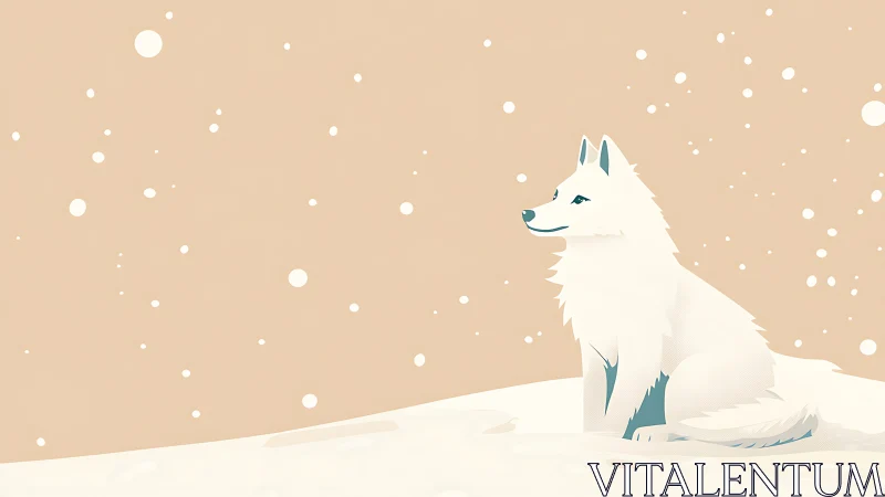 White wolf sits on snow under falling stylized snowflakes