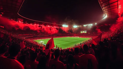 Football stadium is illuminated by red flares during night match