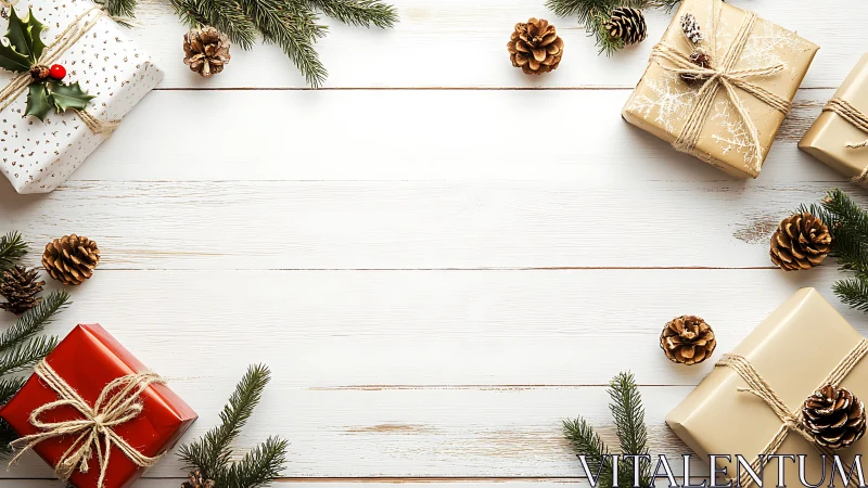 Cozy Christmas gifts resting among pine branches and cones.