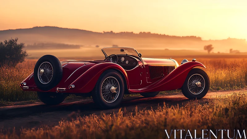 Vintage red roadster in golden hour rural landscape.