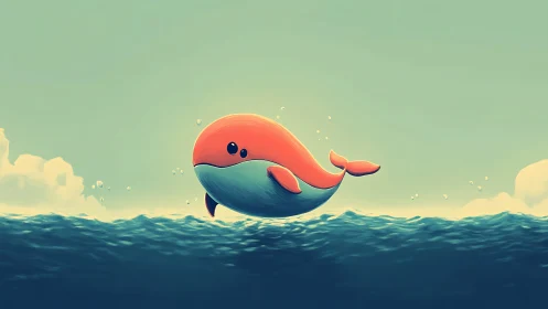 Digital painting of stylized whale over tranquil ocean horizon.