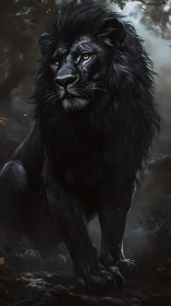 Black lion stands in dim forest light, staring forward