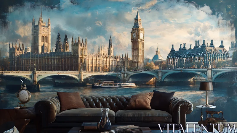 London riverside mural behind leather sofa in living room.