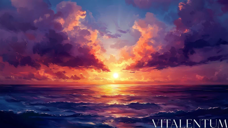 Sunset blaze ignites tranquil ocean under vivid clouds.