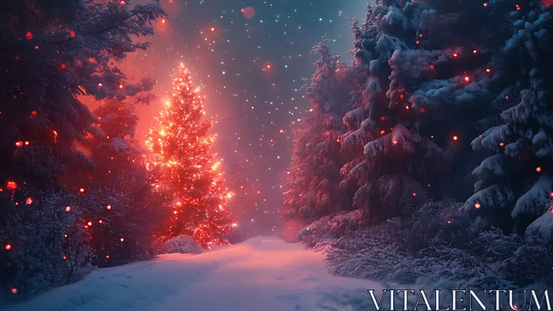 Snow-covered forest path shows glowing red lit Christmas tree