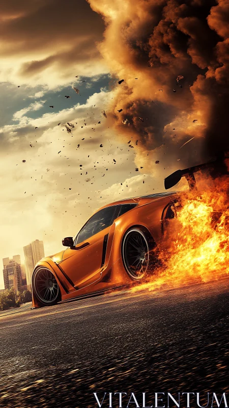 Inferno-orange street racer slicing through a firestorm.