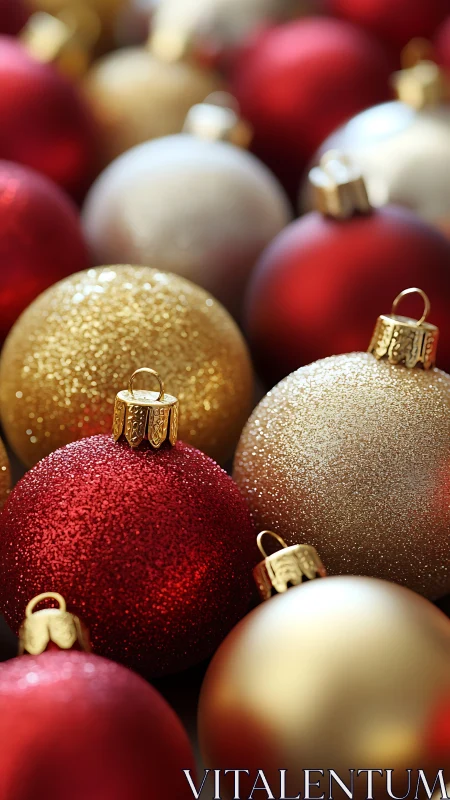 Sparkling Christmas baubles glow in rich red and gold tones