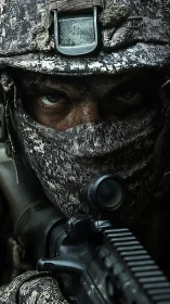 Camouflaged sniper portrait with rifle and intense gaze.