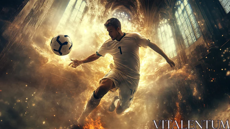 Soccer player in midair kick surrounded by fiery energy.