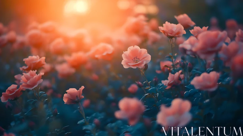 Soft sunset glow over coral roses in dreamy bloomscape.