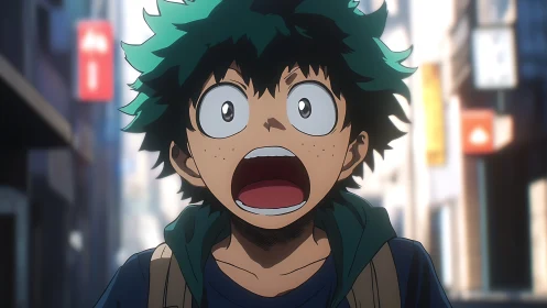 Green-haired anime boy on city street with open mouth.