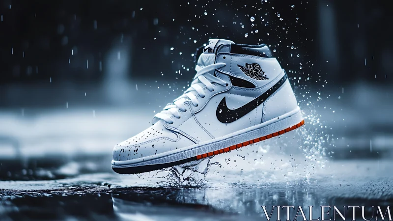 Dynamic sneaker suspended mid-splash under dramatic rain lighting