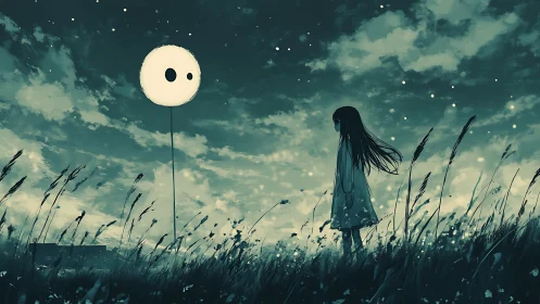 Moonfaced balloon lingers beside a windblown twilight child