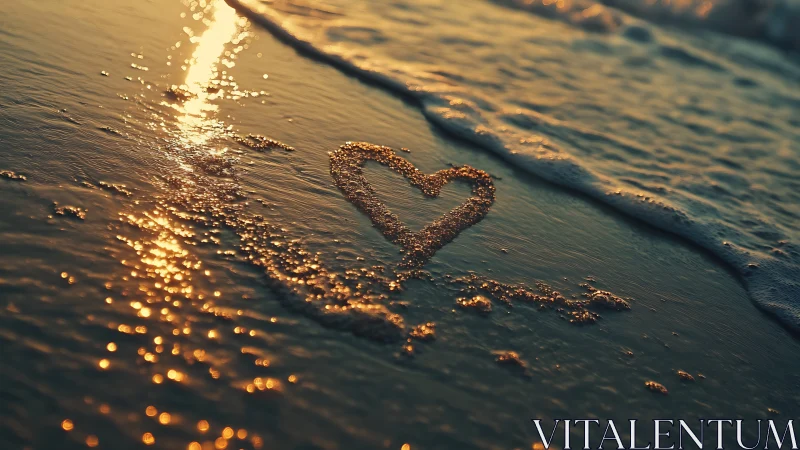 Heart Drawn in Sand with Golden Sunset Reflection