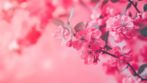 Pink cherry blossoms cluster on delicate branches in soft focus