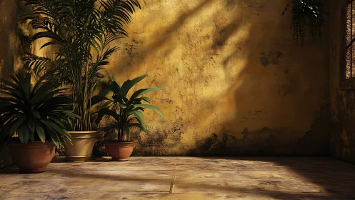 Sunlit terracotta corner with potted tropical foliage.