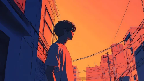 Solitary youth under neon orange urban sunset sky.