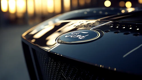 Sunlit close-up of a sleek Ford badge on glossy hood.