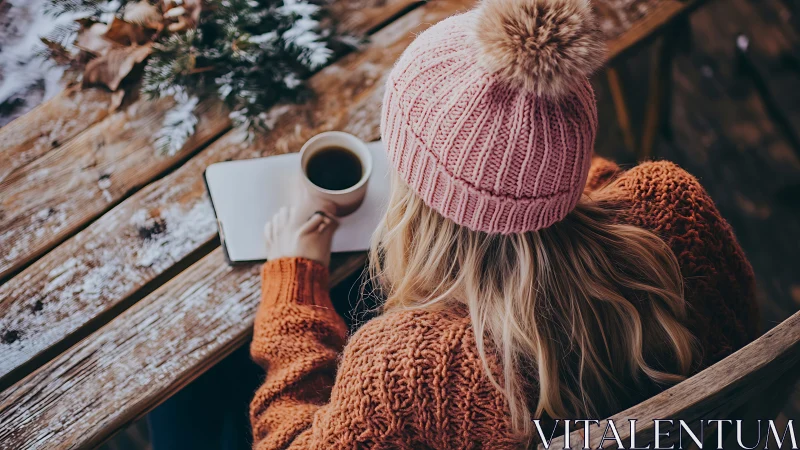 Overhead winter workspace with knit textures and coffee steam.