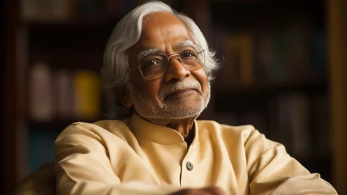 Gentle scholar in golden light, wrapped in quiet reflection.