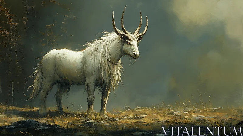 White horned beast stands in misty clearing and faces viewer