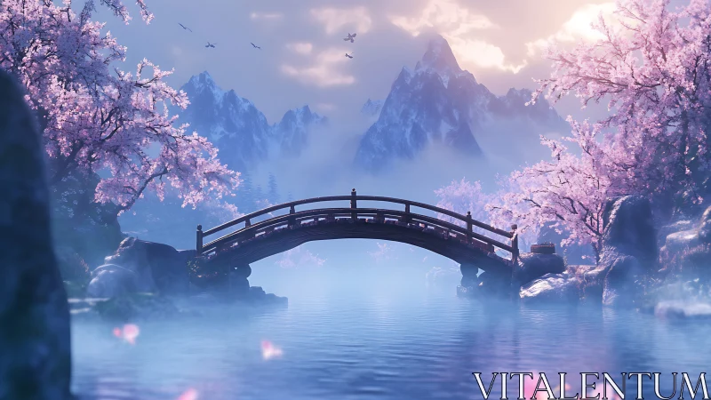 Bridge over misty lake framed by pink cherry blossoms.
