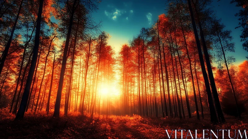 Radiant Sunrise Through Towering Forest Silhouettes.
