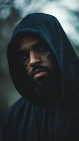 Midnight hooded gaze carves a quiet storm from shadow